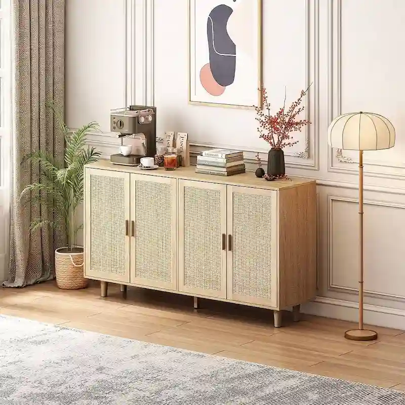 Rattan Decorative 4 Doors Freestanding Storage Cabinet