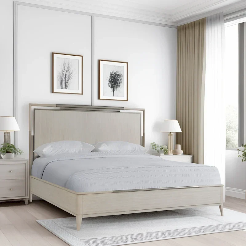 Roundhill Furniture Mantalia Solid Wood Panel Bed with Metal Frame, Champagne