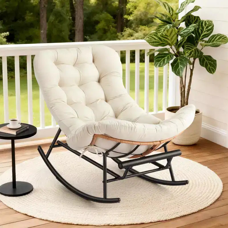 Papasan Rocking Chair with Thick Cushion, Metal Footrest & PE Rattan Frame – Indoor/Outdoor Lounge