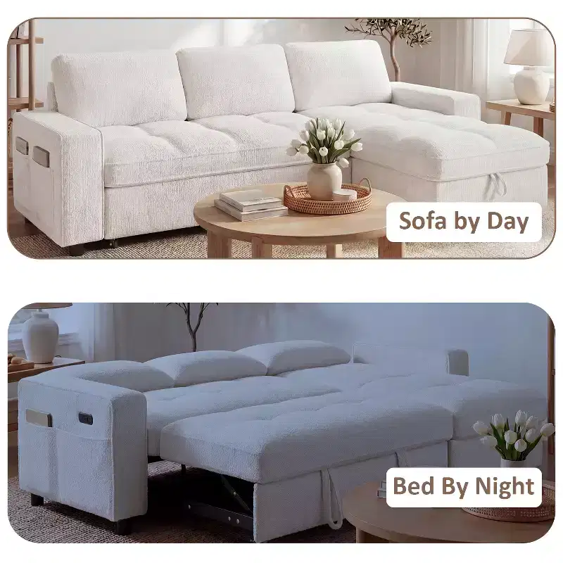 Dyonery Sleeper Sofa Bed, 81 L-Shaped Pull Out Couch Bed with Reversible Storage Chaise/USB Port/Side Pocket/Tool-Free Assembly Corduroy Beige