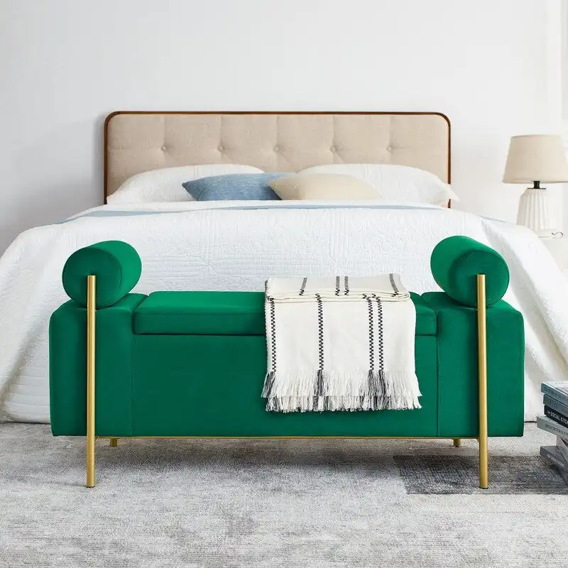Morden Velvet Upholstered Storage Ottoman Bench, Elegant Footstool with Rolled Arms and Iron Legs for Bedroom, Hallway