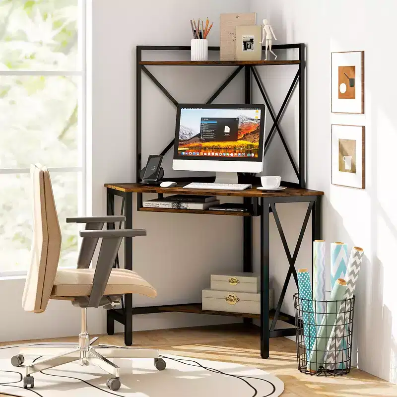 Costway Corner Desk Space-Saving Computer Desk w/ Shelves & Keyboard Tray Rustic Brown