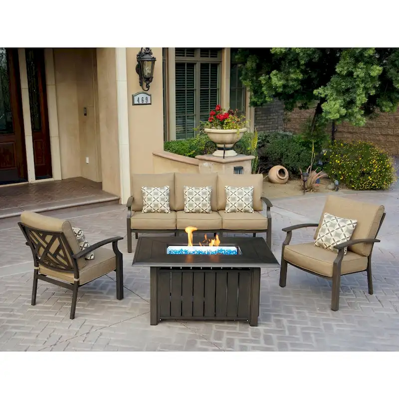 Brooklyn 4-Piece Patio Conversation Set with Cushions and 32 x 50 Rectangular Propane Fire Pit Coffee Table