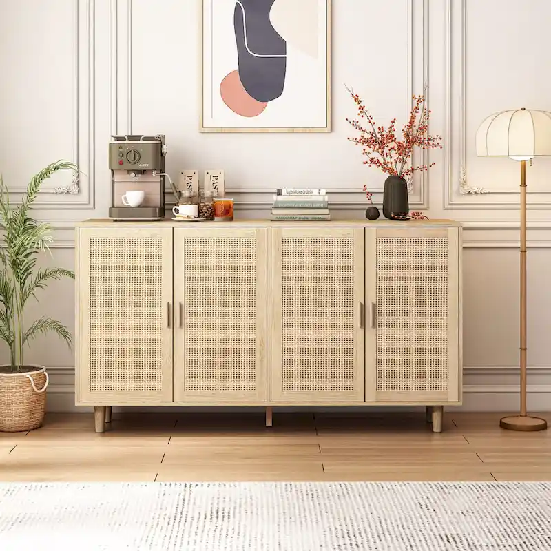 62.20 Elegant and Functional 4-Door Rattan Decorative Storage Cabinet,for Bedroom,Living Room,Office,Easy Assembly