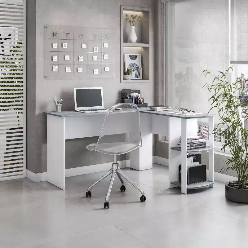 TUYOHW Modern L-Shaped Corner Desk,Home Office Desk with Two Side Shelves,Laminated Wooden Panels,Wooden Computer Desk for Office,Study,Bedroom,Gray