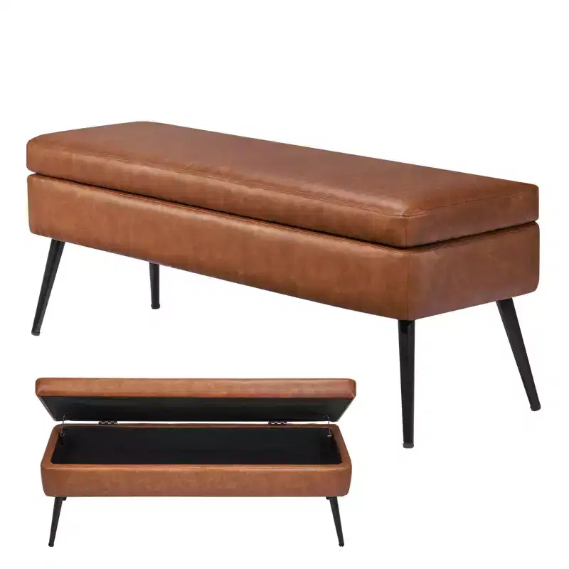 VEVOR Leather Storage Ottoman Bench, PU Leather Bench with Storage and Metal Legs, Upholstered End of Bed Benches, Brown