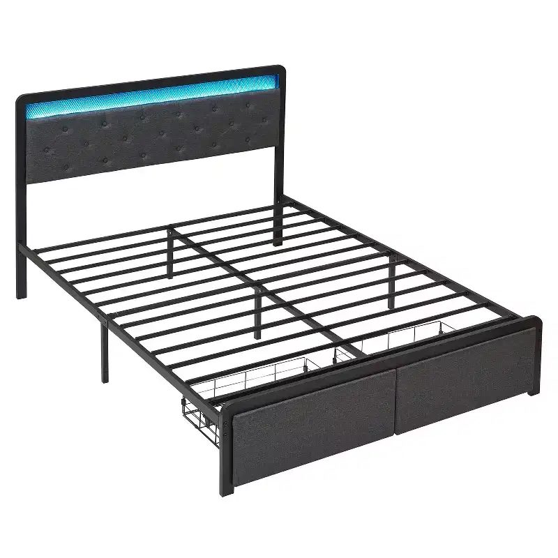 Modern Storage Bed Frame with LED Headboard - Upholstered Platform, Button Tufted, 2 Drawers, Heavy Duty Metal Slats, Noise-Free, Easy Assembly
