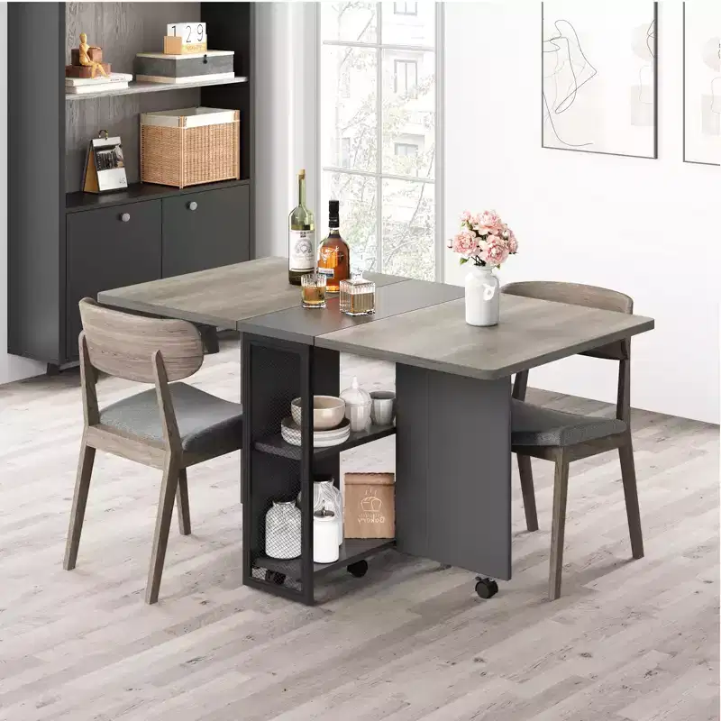 Folding Dining Table on Wheels with 2 Storage Shelves and Drop Leaf Top, 6 Locking Casters, Light Wood Grain
