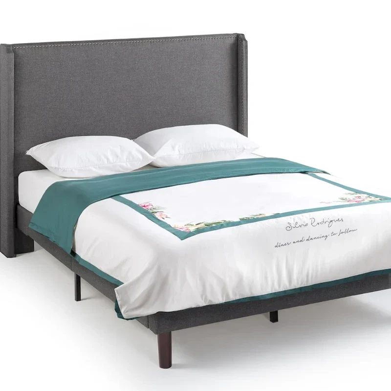 Dark Grey Upholstered Wingback Platform Bed with Nailhead Headboard – Full, Queen or King